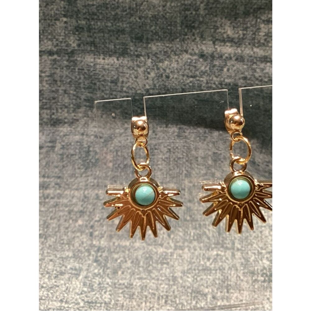 NWOT. Goldtone Sunburst Dangle Earrings with Faux Turquoise Center - Picture 2 of 8